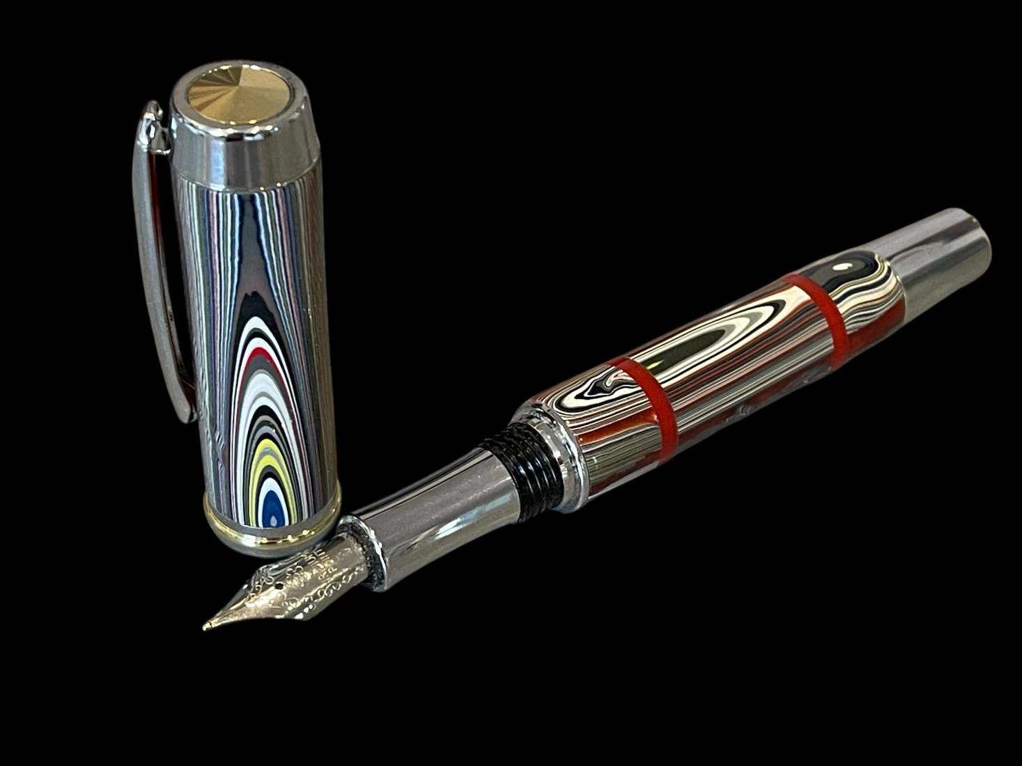 Fordite Fountain Pen with Red Acrylic Accents